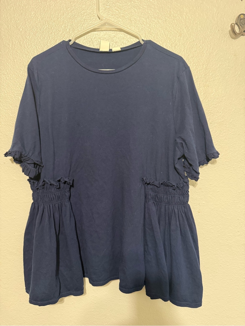 Lost Ink Navy Ruffle Sleeve Peplum Top